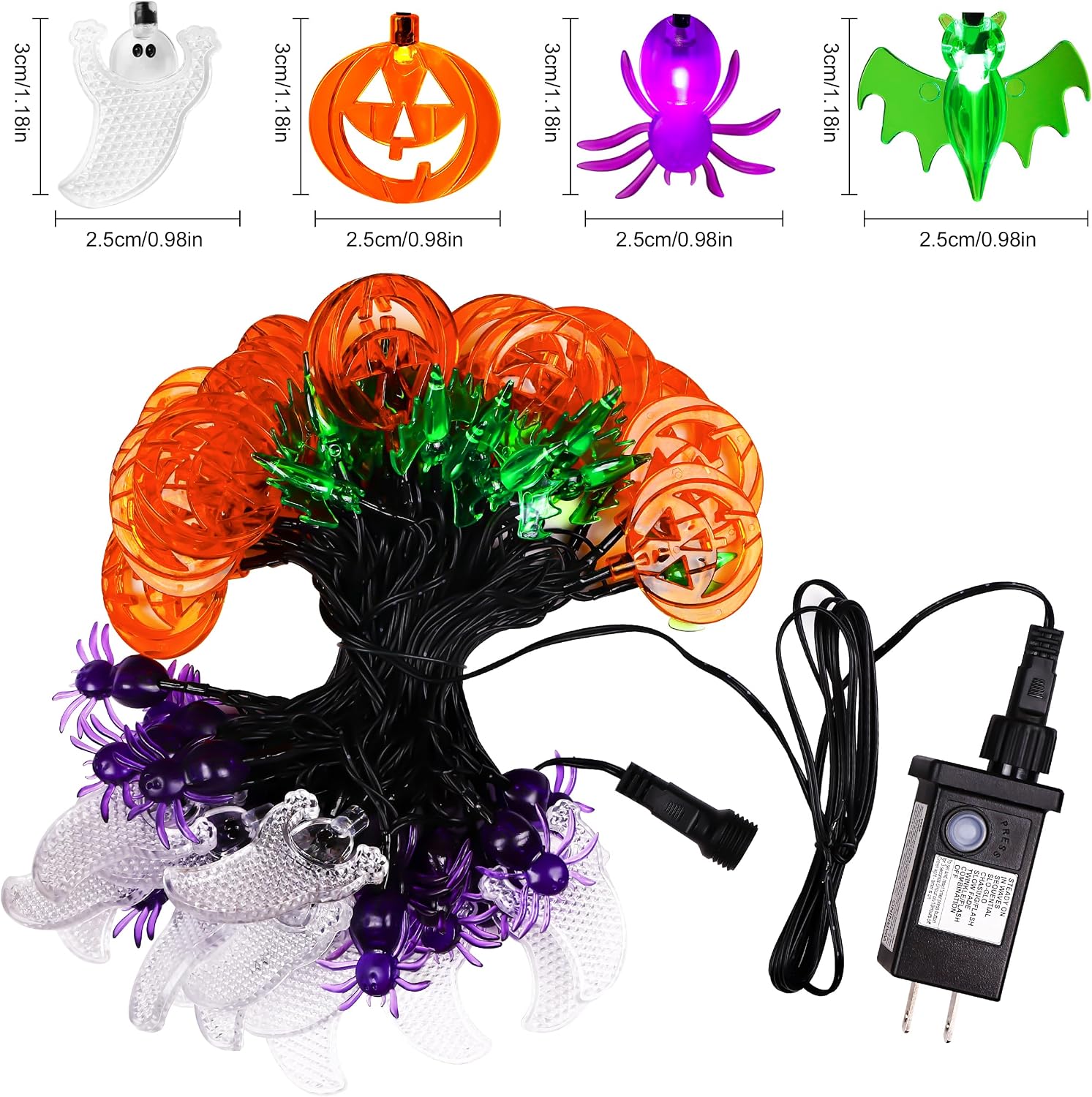 70 LED Pumpkin Bat Spider Ghost String Lights - 22.6ft Orange Green Purple White Halloween String Lights with Timing Function, Connectable Lighting for Yard House Party Halloween Decorations
