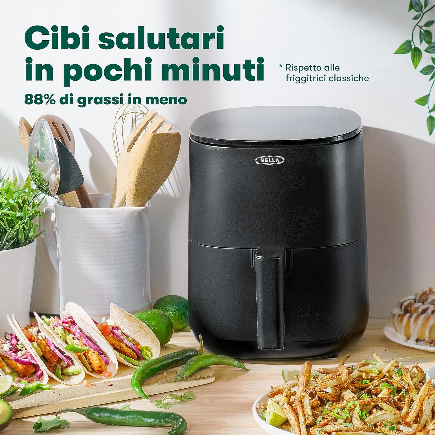 Friggitrice ad aria BELLA Touchscreen da 2,7 L, frittura senza olio, cestello antiaderente e griglia di cottura rimovibili e lavabili in lavastoviglie, rosso opaco