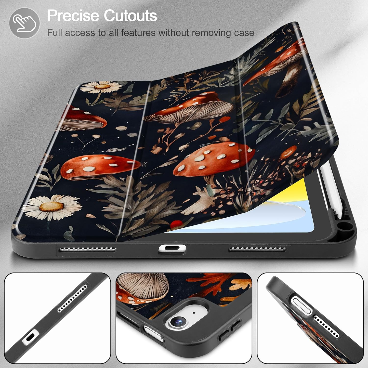 May Chen for iPad (A16) 11th Generation Case 11 Inch 2025, iPad 10th Gen Case 2022 10.9 inch, Trifold Stand with Auto Wake/Sleep Soft TPU Protective Stand Back Cover, Mushrooms