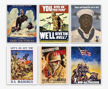 Wallbuddy WW2 Posters - Vintage Propaganda Prints - US Military Decor Unframed Set of 6 8x10 inches