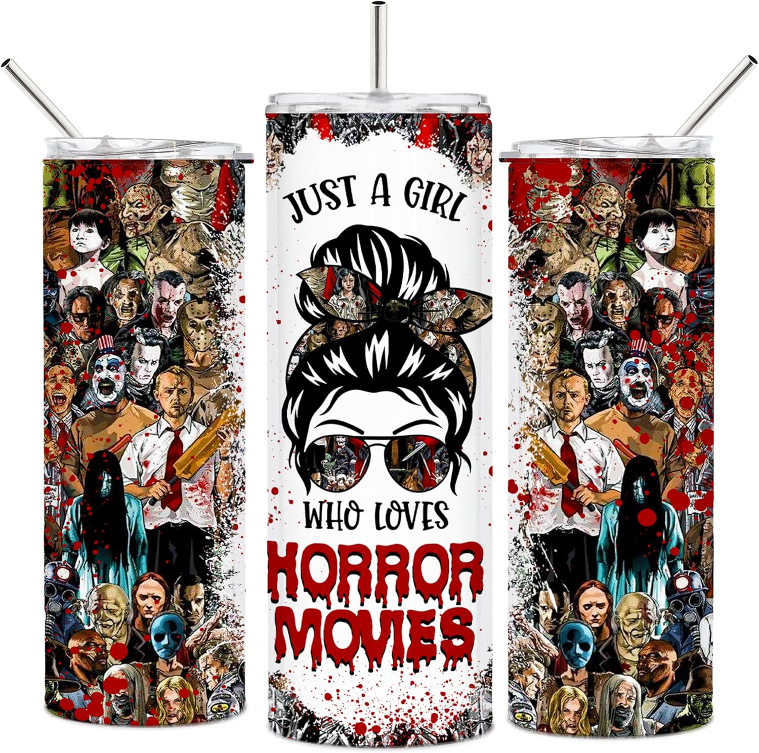 Just a Girl Who Loves Horror Movies, 20oz Insulated Travel Tumbler with Lid, Perfect Women's Gift, Halloween Slasher-Themed