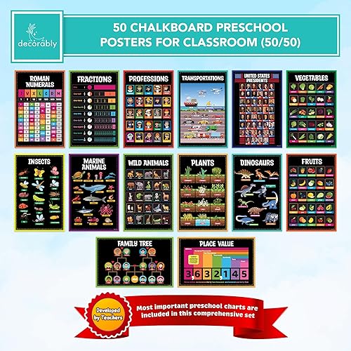 Miniatura 5 de Decorably 50 pósteres preescolares de pizarra para niños pequeños, 11 x 17 pulgadas, laminados mate, carteles de aprendizaje educativo para jardín