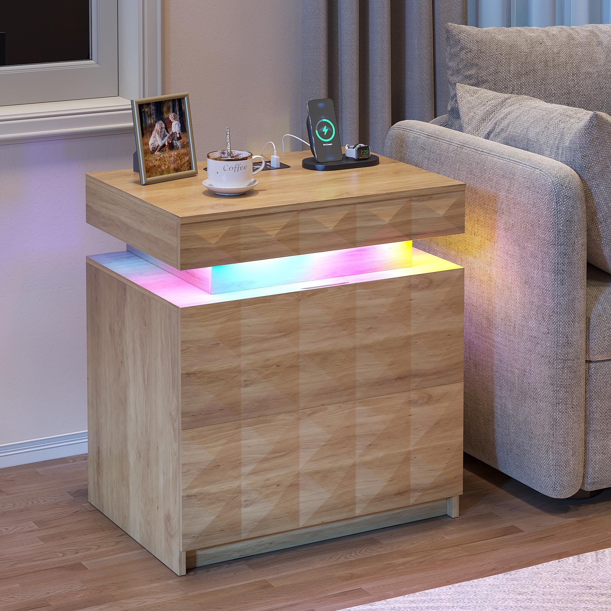 FREDEES LED Bedside Table with Charging Station,3 Drawers Night Stand with Lockable Hidden Storage,Smart Nightstand with Human Sensor RGB Lights for Bedroom, Wood