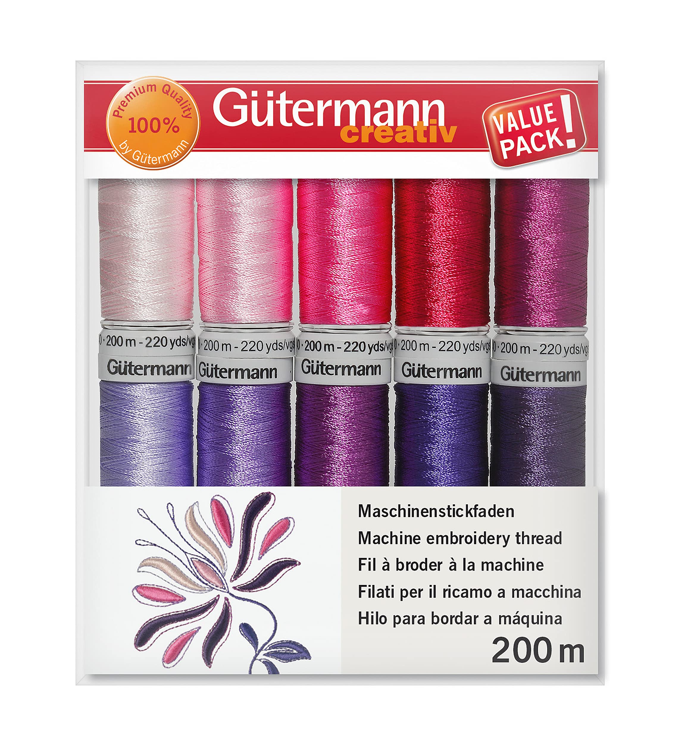 Gütermann Creativ - Set 10 Bobine Filo Da Ricamo A Macchina Rayon 40 (200 M) - Colori Assortiti