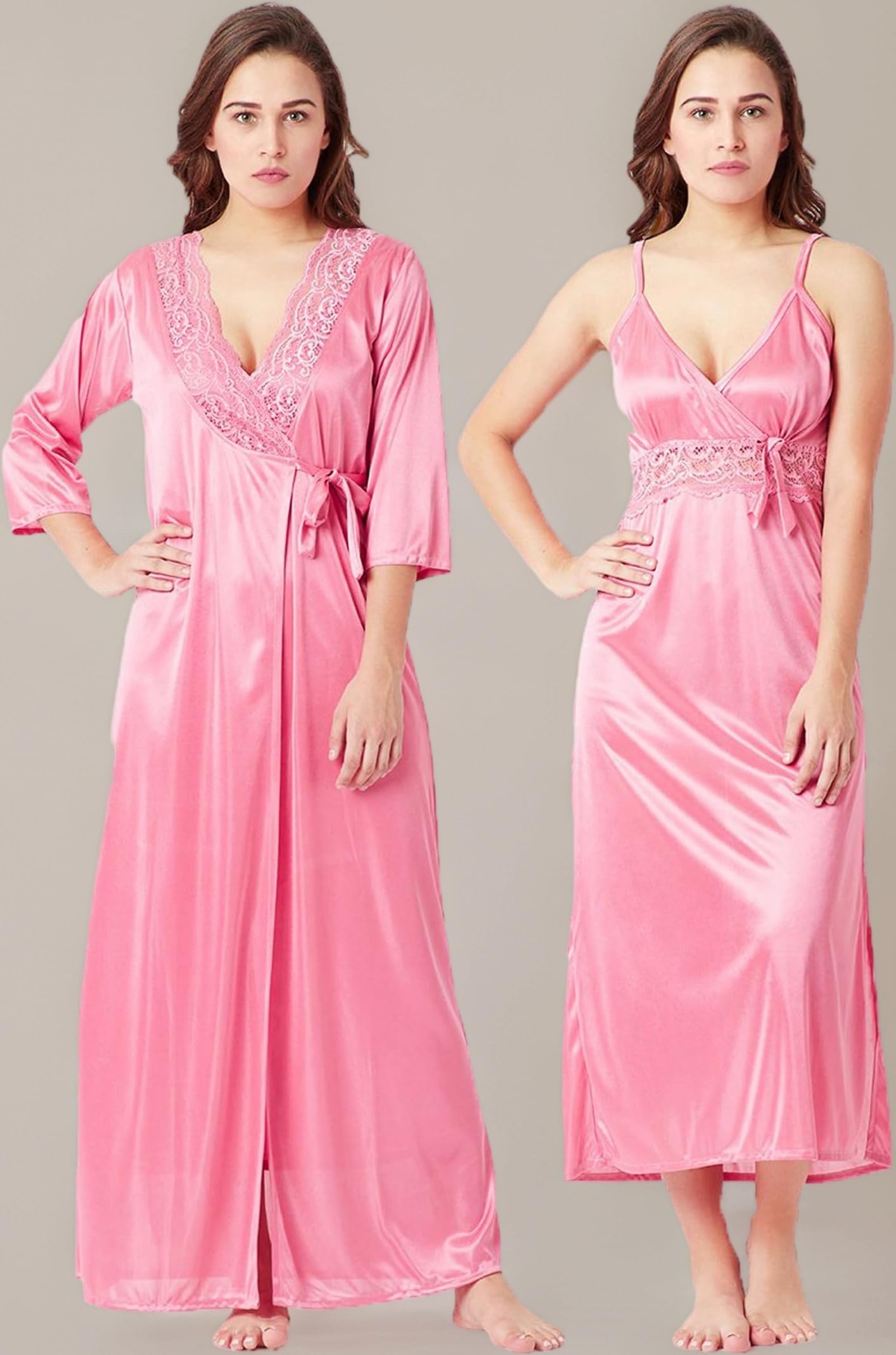 Women's Solid Maxi Satin Nighty with Robe, Pink Free Size Nightwaer (Pack of 2) RN333-666