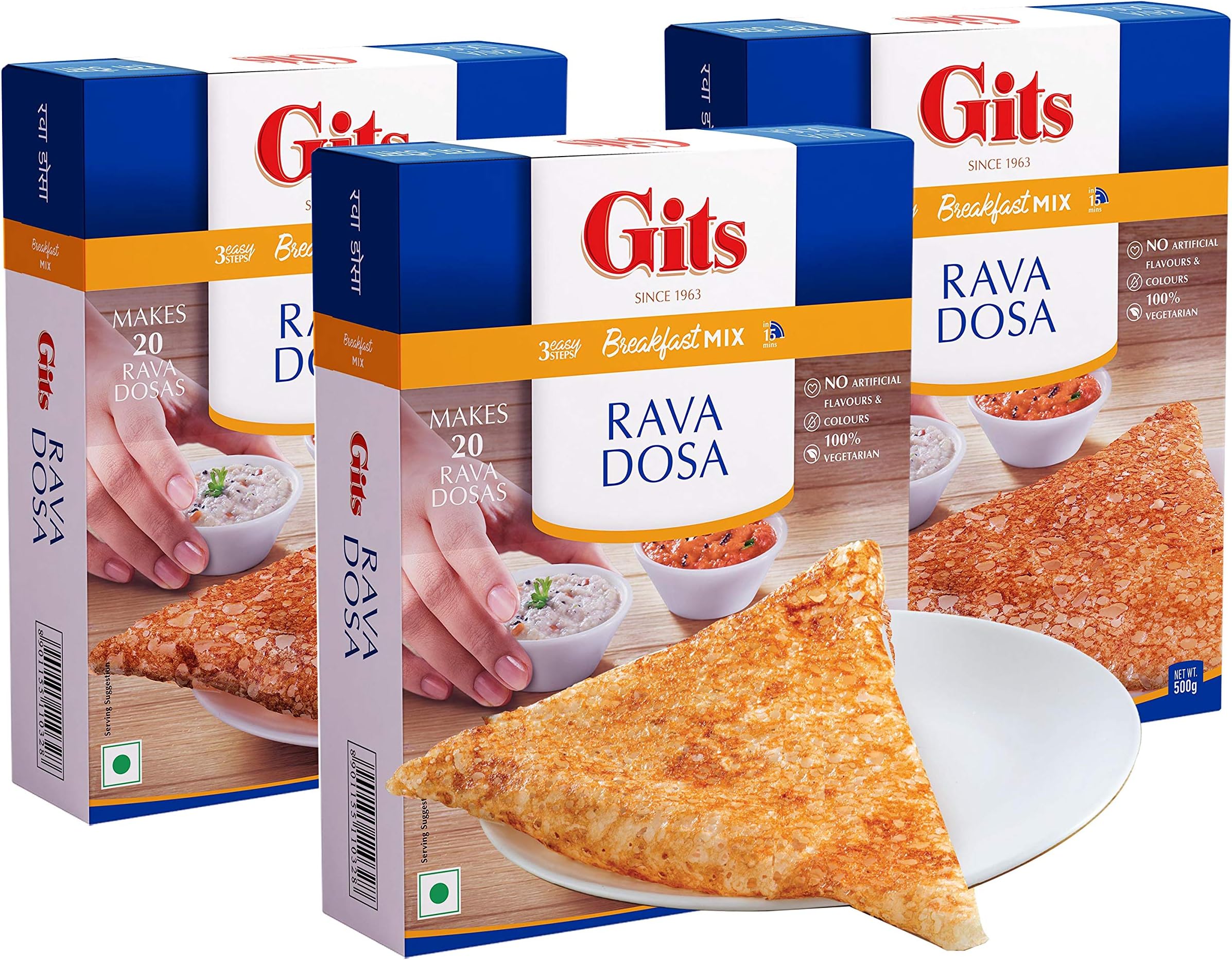 Gits Instant Rava Dosa Breakfast Mix, Makes 20 per Pack, Pure Veg, South Indian Recipe, 1500g (Pack of 3, 500g Each)
