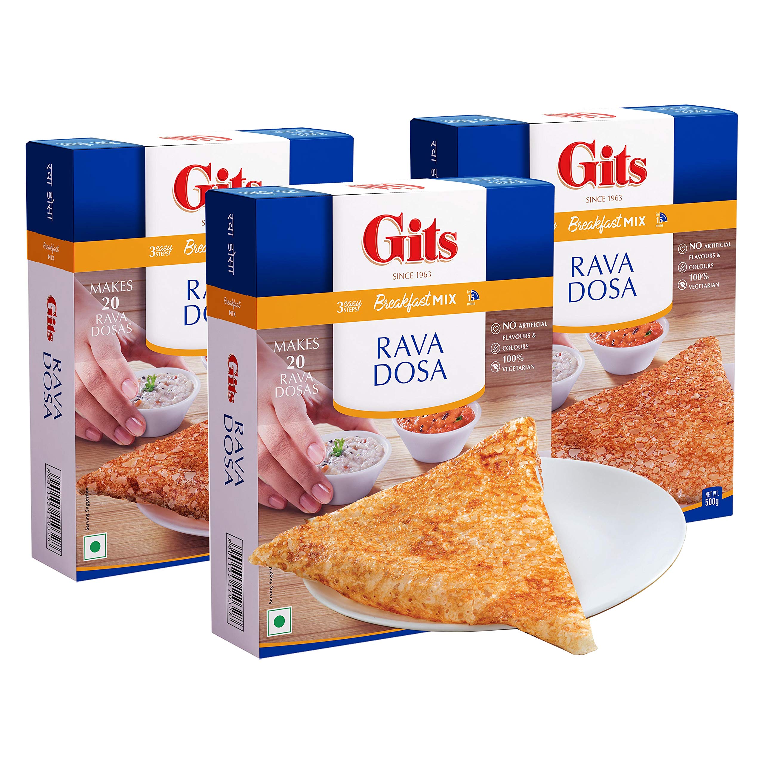 Gits Instant Rava Dosa Breakfast Mix, Makes 20 per Pack, Pure Veg, South Indian Recipe, 1500g (Pack of 3, 500g Each)