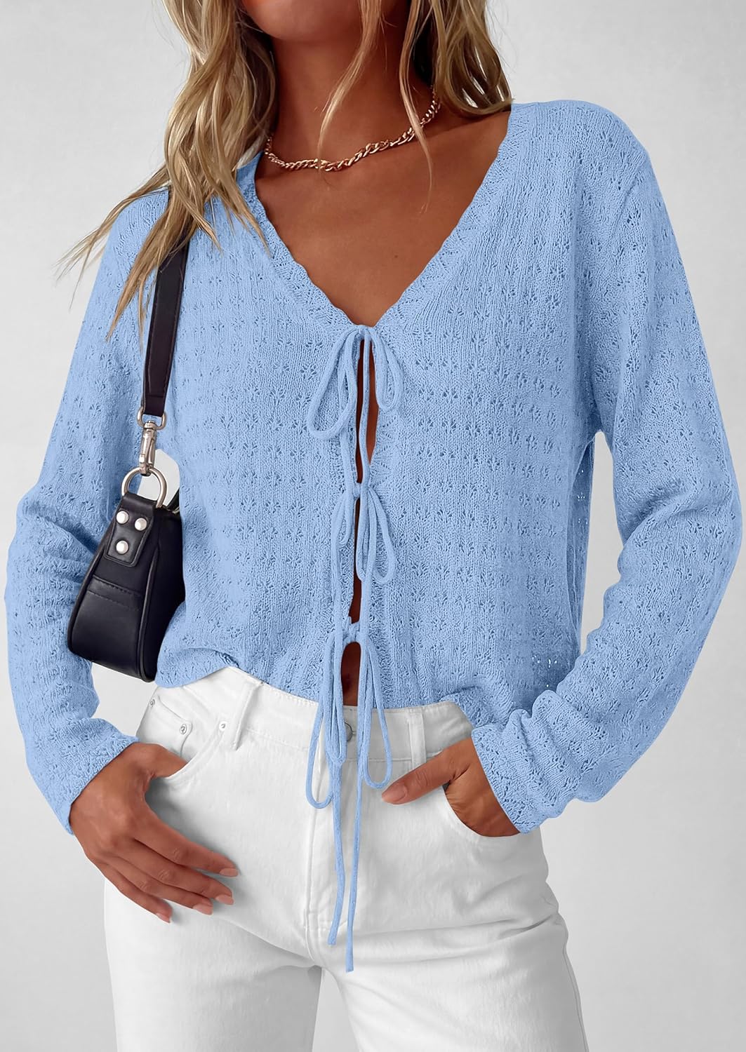 PRETTYGARDEN Crochet Cardigan Sweaters for Women Trendy Spring Summer Long Sleeve Tie Front Tops Boho Beach Vacation Clothes - Image 5