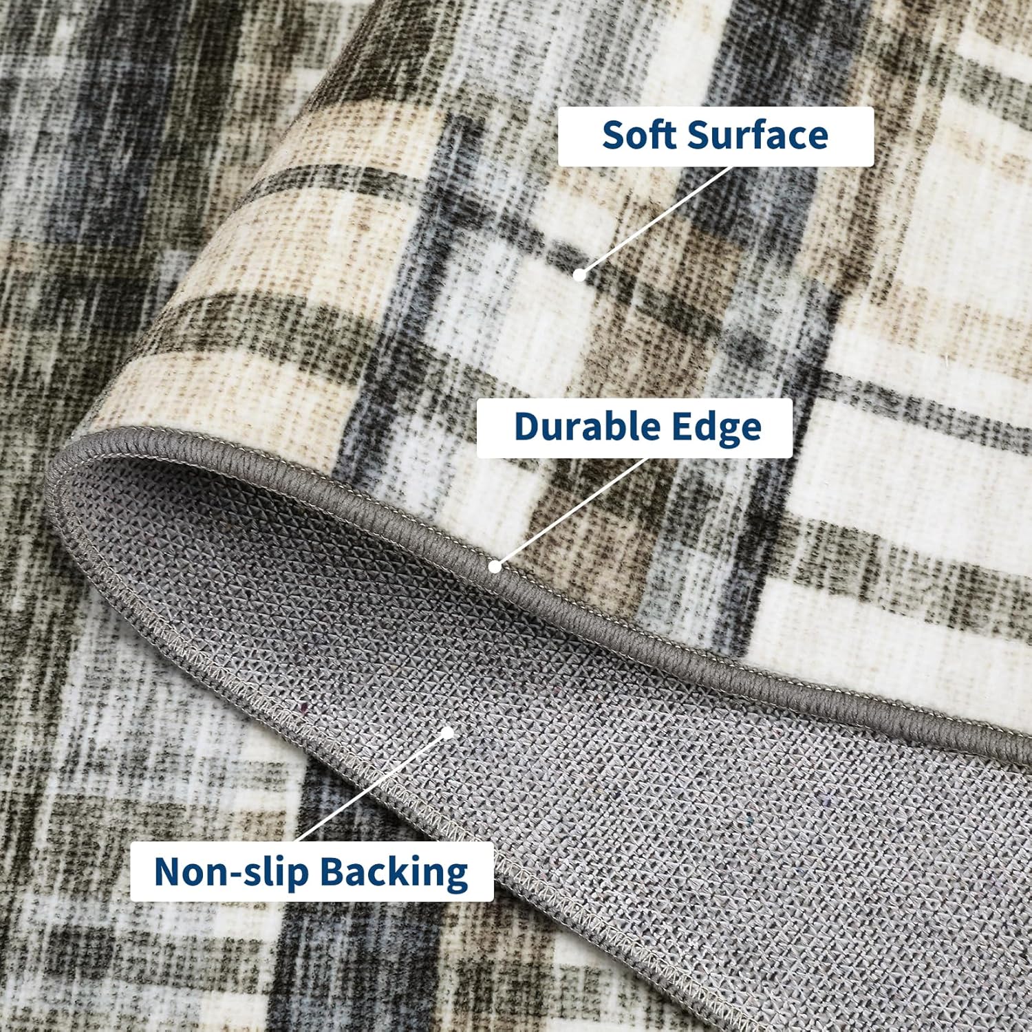 GarveeHome 2x6 Washable Rugs for Bedroom Bedside Distressed Modern Plaid Rug for Entryway Living Room Non Slip Neutral Office Carpet Stain Resistant Farmhouse Floor Cover Grey Blue and Beige