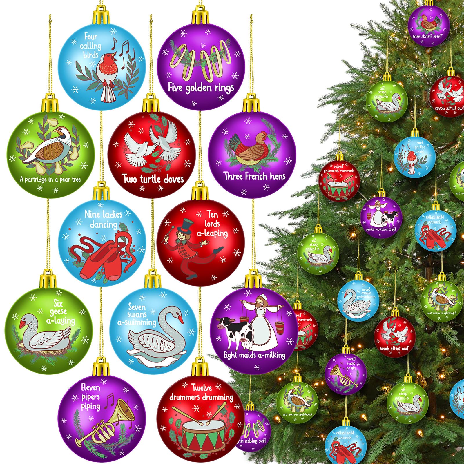 Syhood 12 Pcs 12 Days of Christmas Ornament Set 2.36 Inch Vintage Christmas Ornaments Twelve Days of Christmas Ornaments Plastic Balls Set Hanging Ornaments for Xmas Tree Party Holiday Supplies