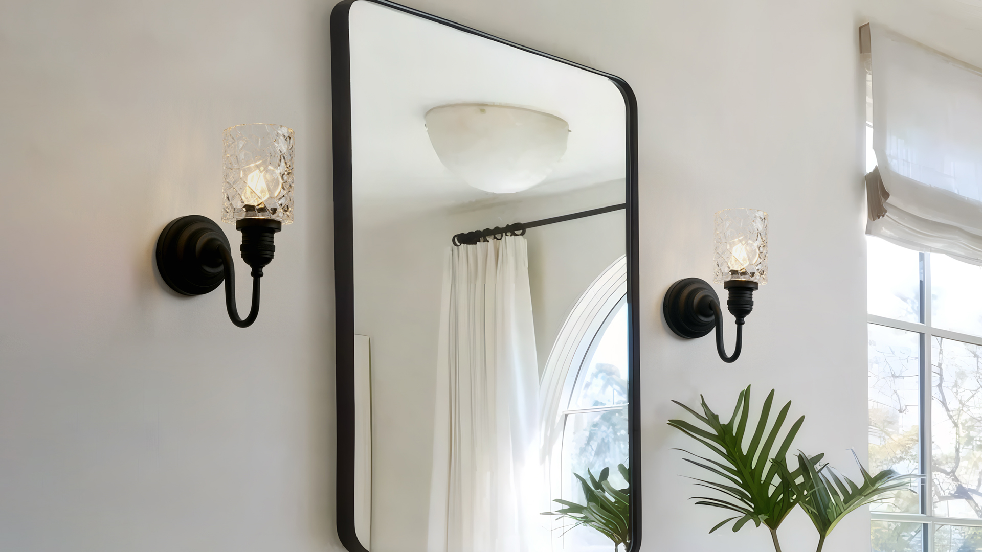 Image of Black Bathroom Vanity Light with Clear Checkered Glass Shade