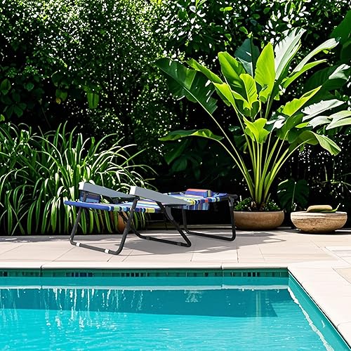 Miniatura 8 de Tumbona plegable para playa al aire libre con almohada desmontable y bolsillo, silla de bronceado portátil con respaldo ajustable de 5 posiciones,