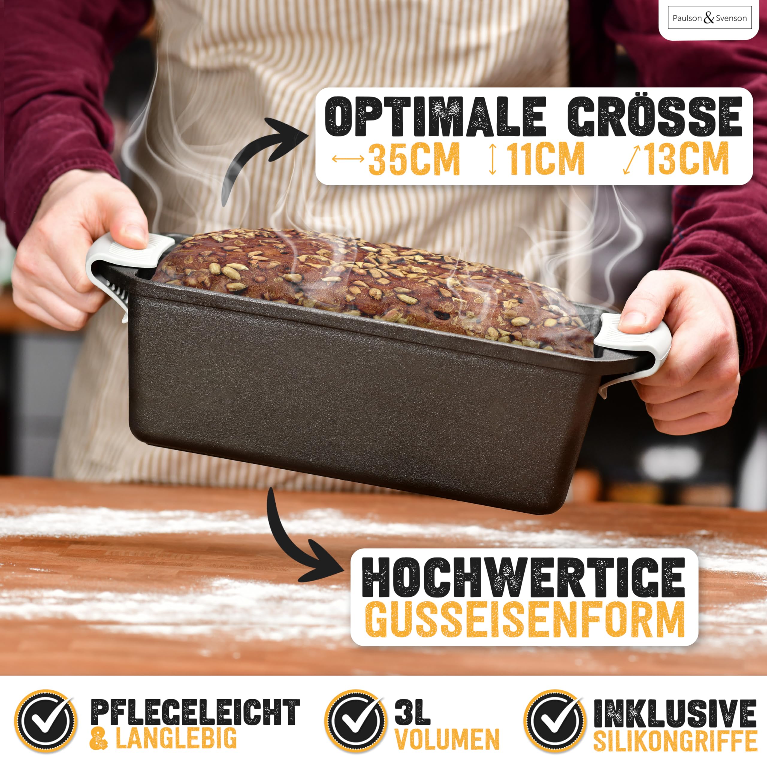 Paulson & Svenson - Brotbackform mit Deckel inkl. Gärkorb & Silikongriffe - Brotform aus Gusseisen zum Backen, Kochen, Grillen - Brottopf/Gusstopf in Kastenform (rechteckig) für frisches Kasten-Brot