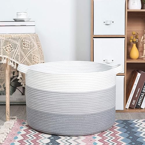 Miniatura 15 de MINTWOOD Design Cesta decorativa de cuerda de algodón tejida extragrande de 22 x 14 pulgadas, para sala de estar con asas y cesta de lavandería