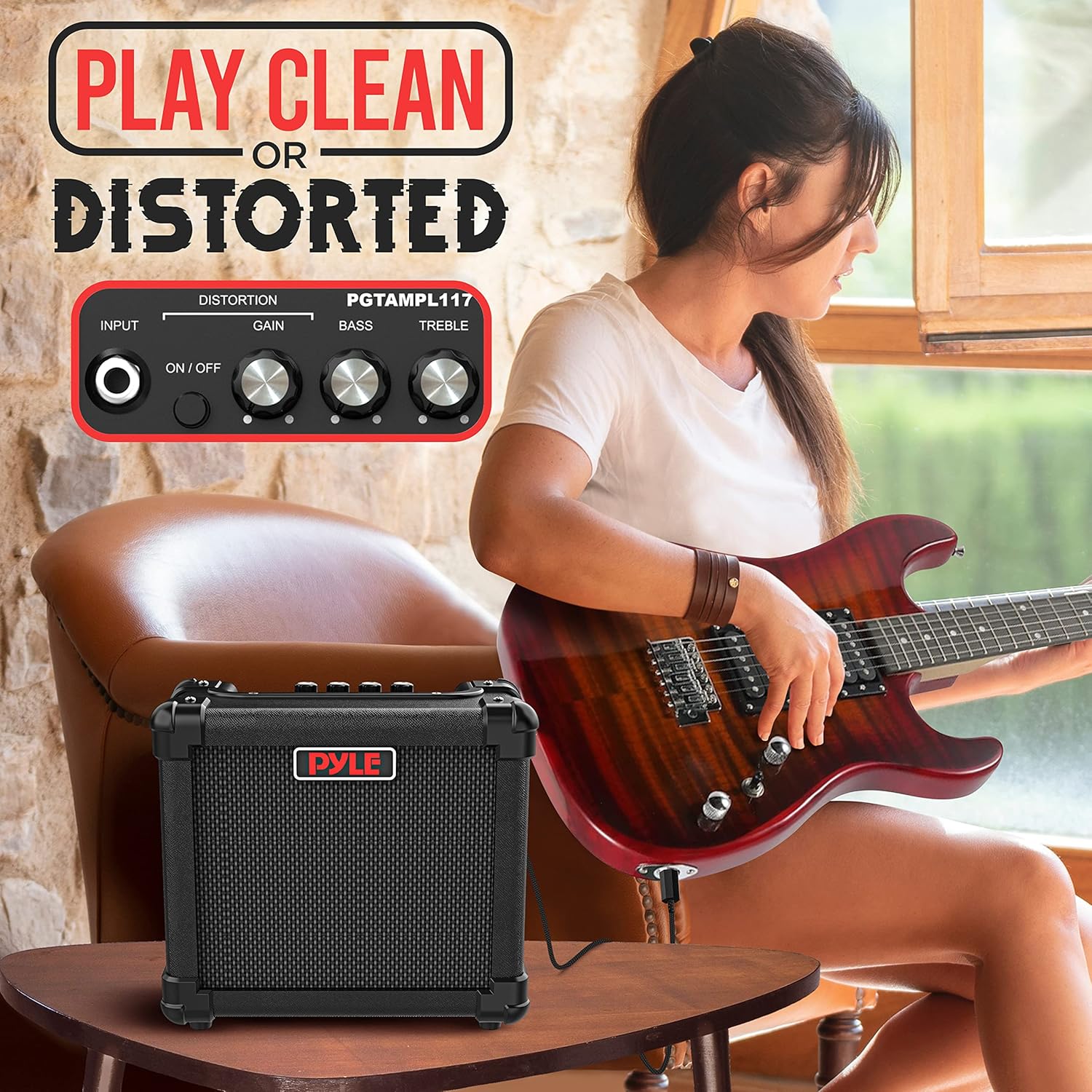 Pyle Mini Electric Guitar Amp - Portable 10 Watt Instrument Amplifier with 5-Inch High Definition Speaker, Volume, Bass, Treble, Distortion, Gain Controls, Headphone Output Jack, for Practice Playing image 4 of 7 B0CLHDZNK4