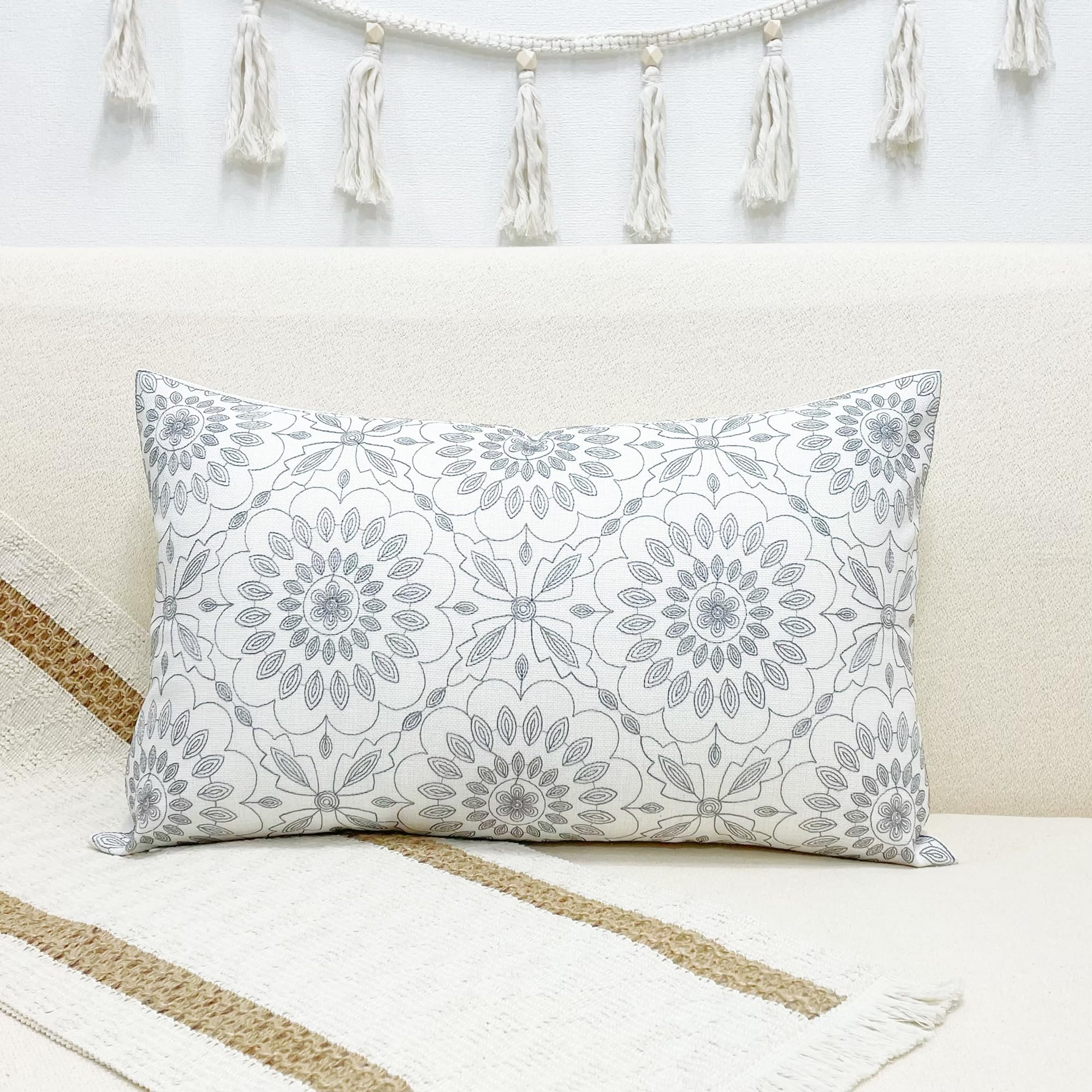 Slow Cow Linen Embroidery Decorative Lumbar Throw Pillow Cover Rectangular Pillow Cover Cushion Cover 12 x 20 Inches Dark Gray Grey