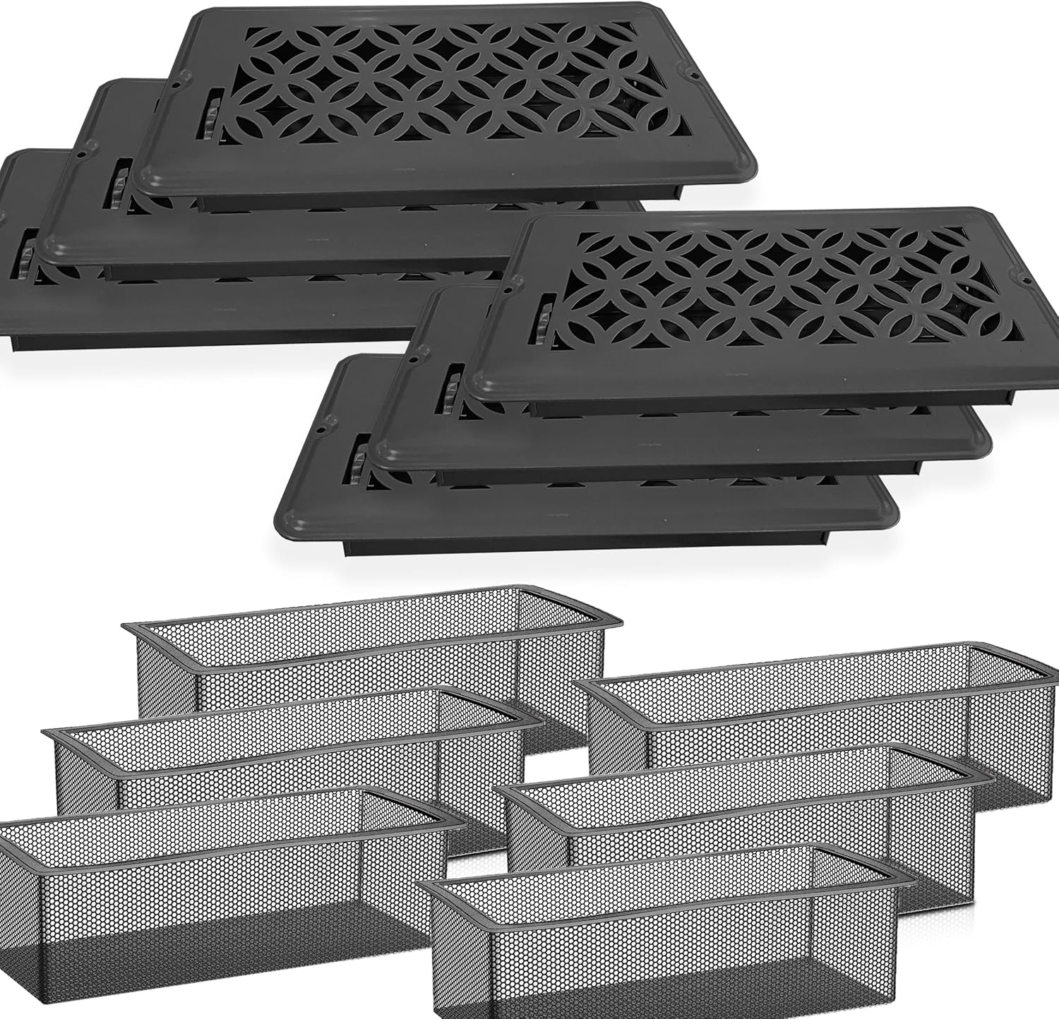 4" x 10" Floor Register Vent Cover & Mesh Filters Combo - Adjustable Airflow Lever, Pet Hair & Dust Trap for Home HVAC Vents, AC Ducts, Floor Vents Protection