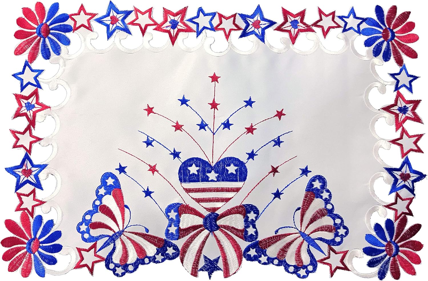 July 4th Patriotic Place Mats Set of 4 for American Independence Day,Memorial Day Holiday Decorations,Embroidered Stars Hearts Butterflies and Flowers,12"×18", Blue&Red