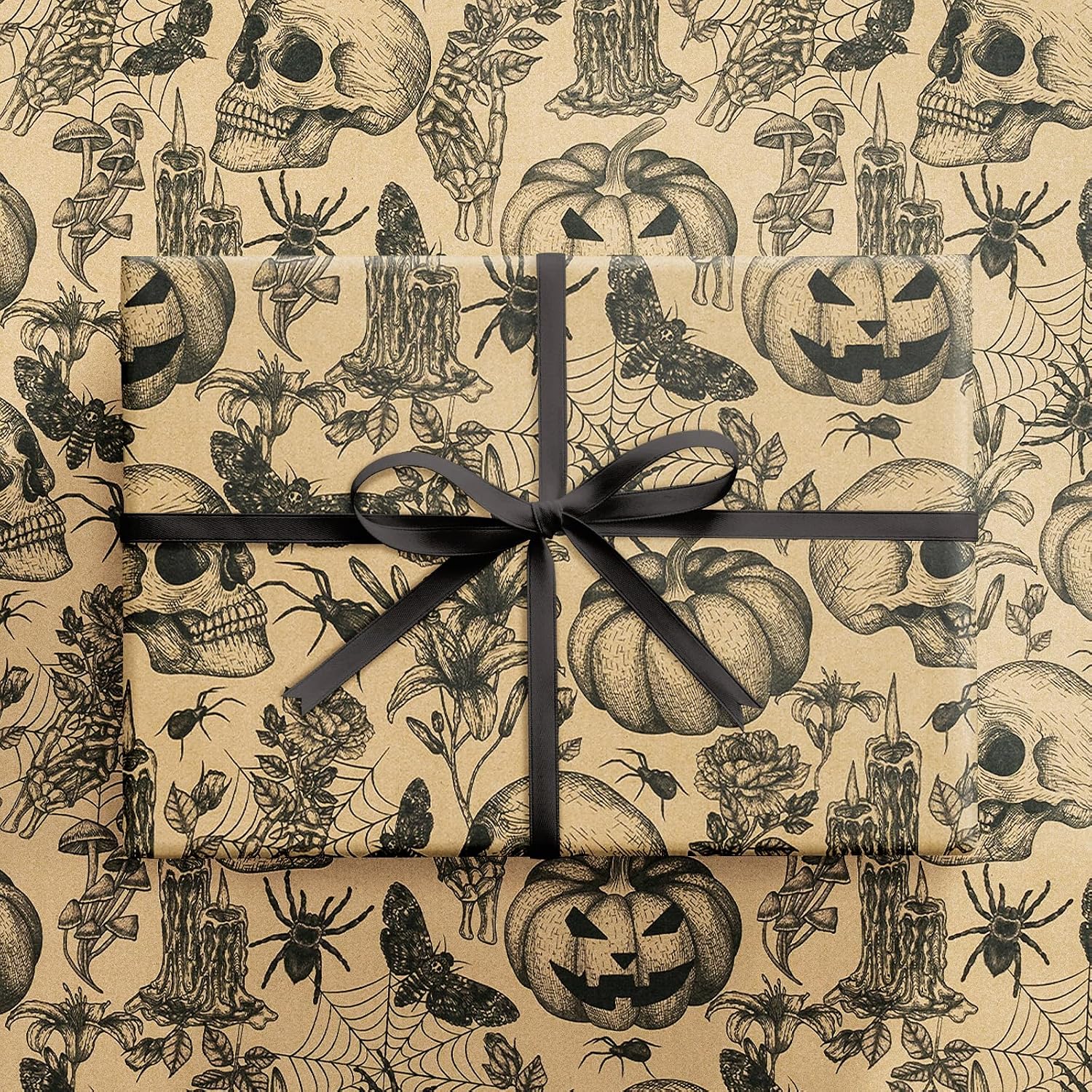 RUSPEPA Kraft Autumn Wrapping Paper Roll, Mini Roll, Vintage Black Skull, Spider, Pumpkin and Gothic Floral Design Kraft Gift Wrap for Fall Holiday and Halloween Party, 17 Inches x 16.4 Feet