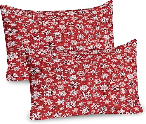 Ambesonne Juego de 2 fundas de almohada navideñas, copos de nieve repetitivos con ricos detalles, temporada de Navidad en invierno, artículo de