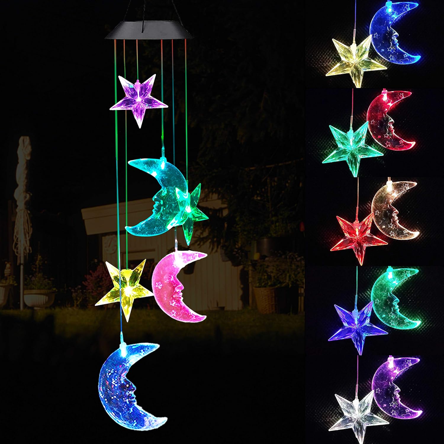 Solar Power Stars and Moon LED Wind Chimes Outdoor Decor, Waterproof Mobile Color Changing Wind Chimes, Star Moon Solar Light Xmas, Gifts for Mom, Home, Patio, Yard, Party, Festival, Garden Decoration