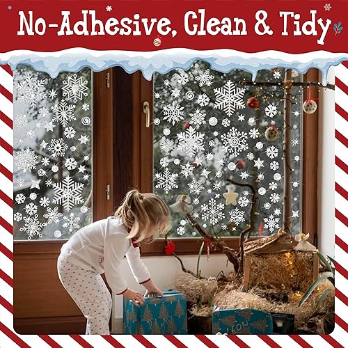 Vista 5 de 276PCS Glitter Snowflake Window Clings, 35+ Designs Double Sided Static Stickers Window Decoration Christmas Ornaments Reusable Winter Party Copo