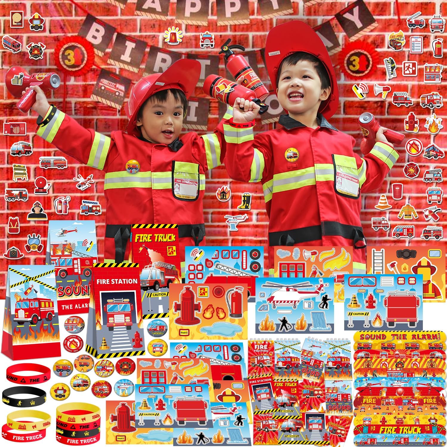 122PCS Fire Truck Party Favors, 50 Stickers, 12 Assemble Stickers, 12 Button Badges, 12 Mini Notepads, 12 Slap Bracelets, 12 Rubber Bracelets, 12 Goodie Bags for Firefighter Firetruck Party Supplies - Image 6