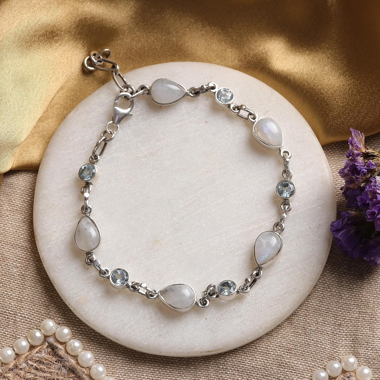 NOVICA Artisan Handmade Rainbow Moonstone Blue Topaz Link Bracelet Gemstone Station Sterling Silver Clear India Niagara Birthstone [8.25 in L x 0.2 in W] ' Misty Sky'