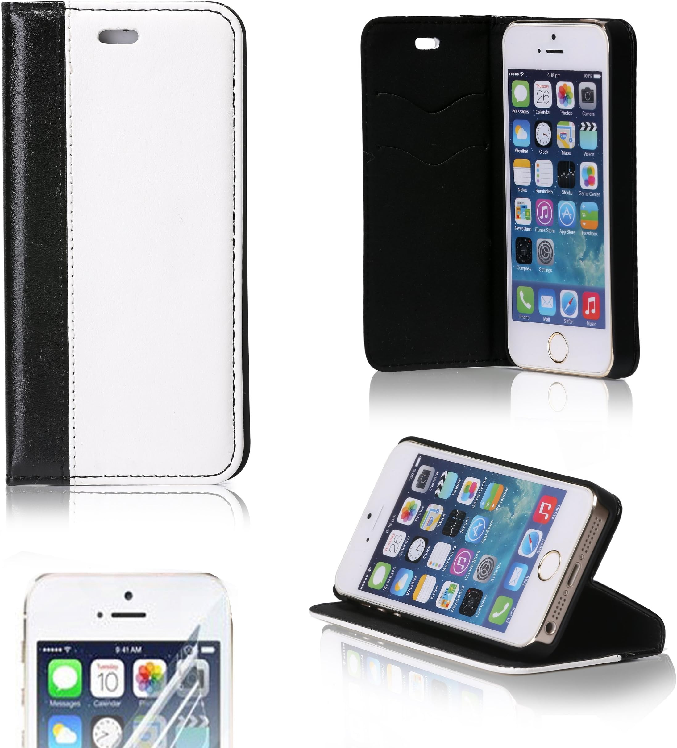 imiGen Signature Leather Wallet Flip Cover Case w/ Card Slots for iPhone 5 / 5S + HD Screen Protector - Stand Feature - Black and White