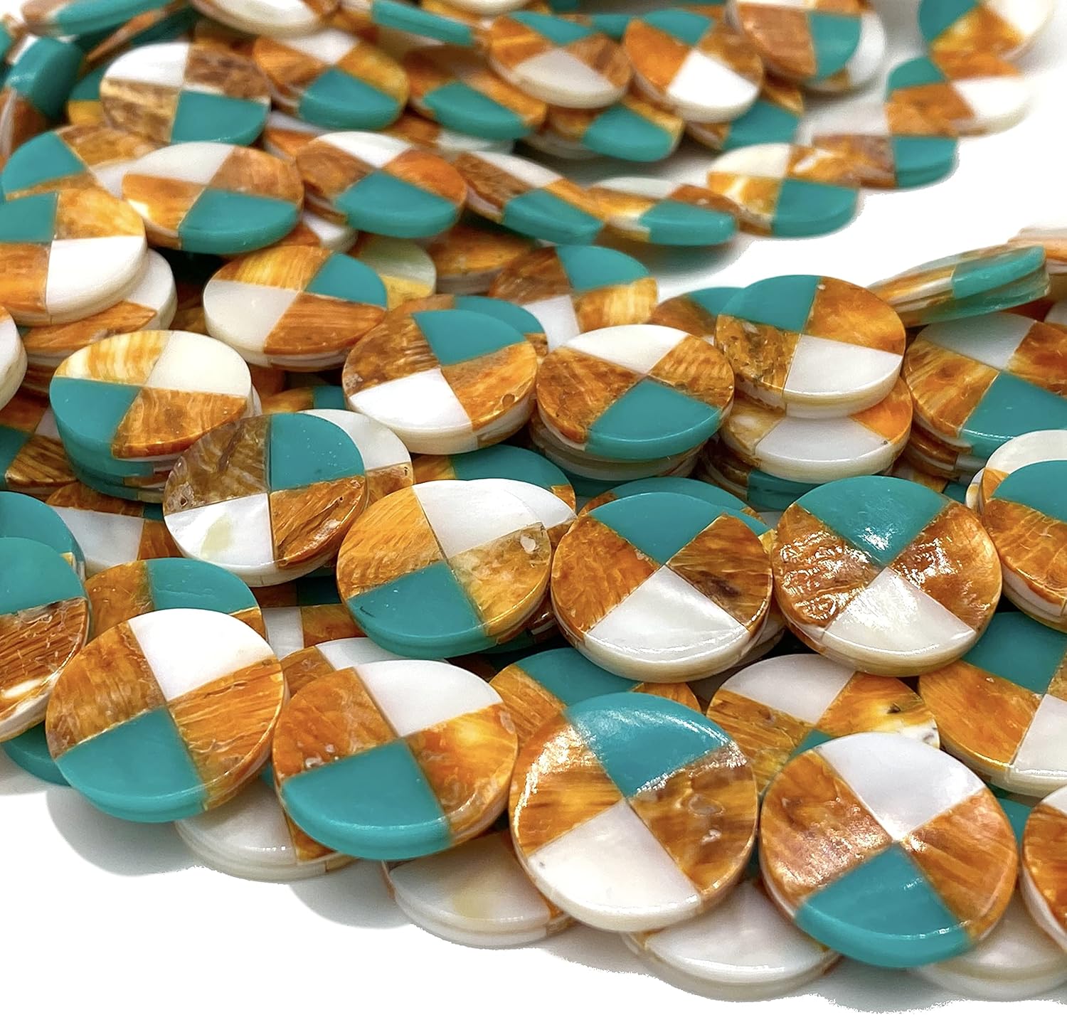 ABCGEMS Dark Sunset Orange Spiny Oyster, Gigantic Spiral Troca (2 Rare Shells Inlay- Aqua-Blue Howlite Turquoise Powder in Resin) - Deep Ocean Seashell DIY Jewelry Making - 20mm Coin, 19-20 Beads