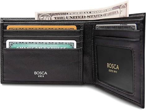 Bosca Mens Leather Wallet, Nappa Vitello Executive I.D. Wallet For Men With 5 Card Slots, Black