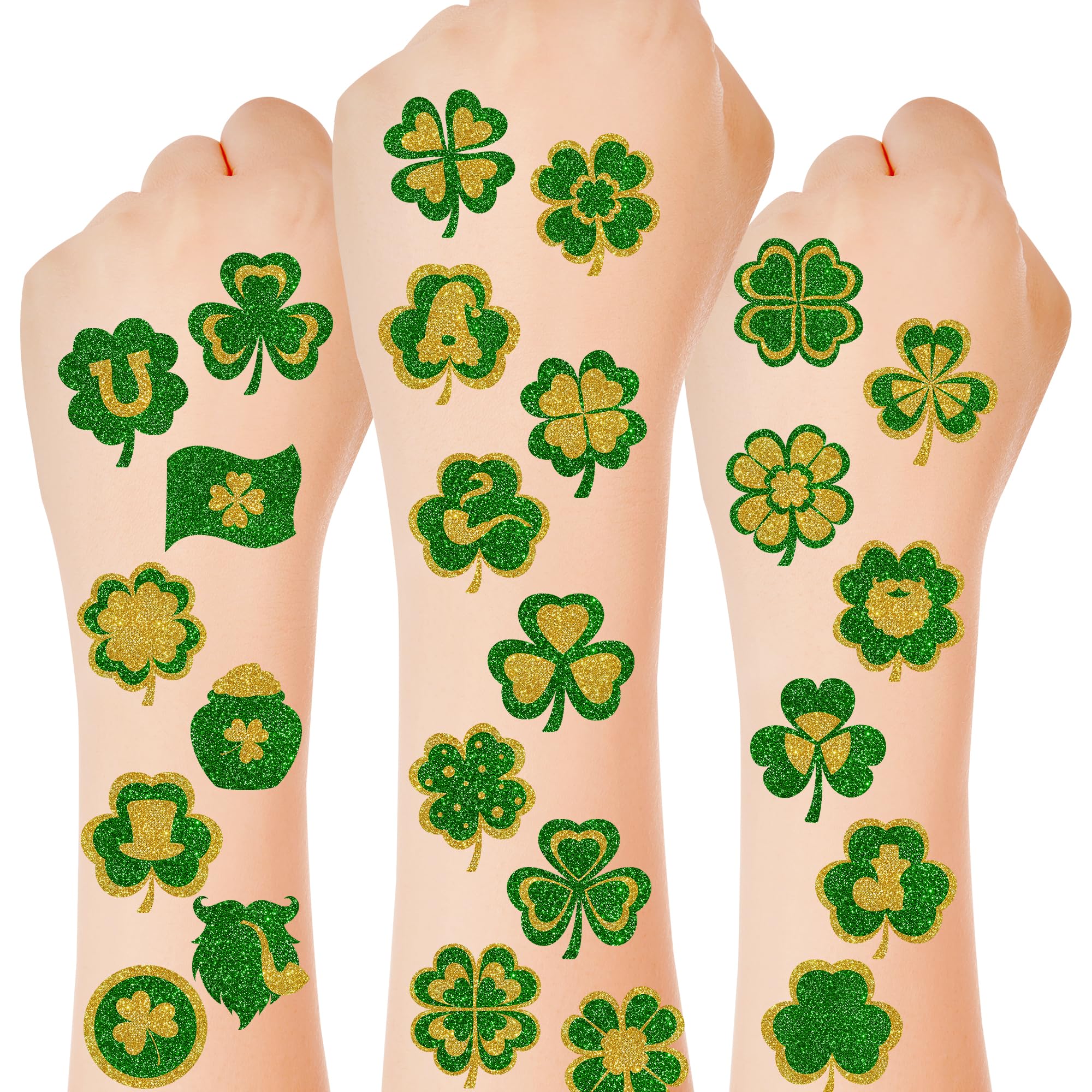 Glitter St Patricks Day Tattoos, 25 Styles Saint Patricks Day Green Gold Shamrock Tattoos with Lucky Clover, Temporary Face Stickers for St Patricks Day Accessories Party Favors