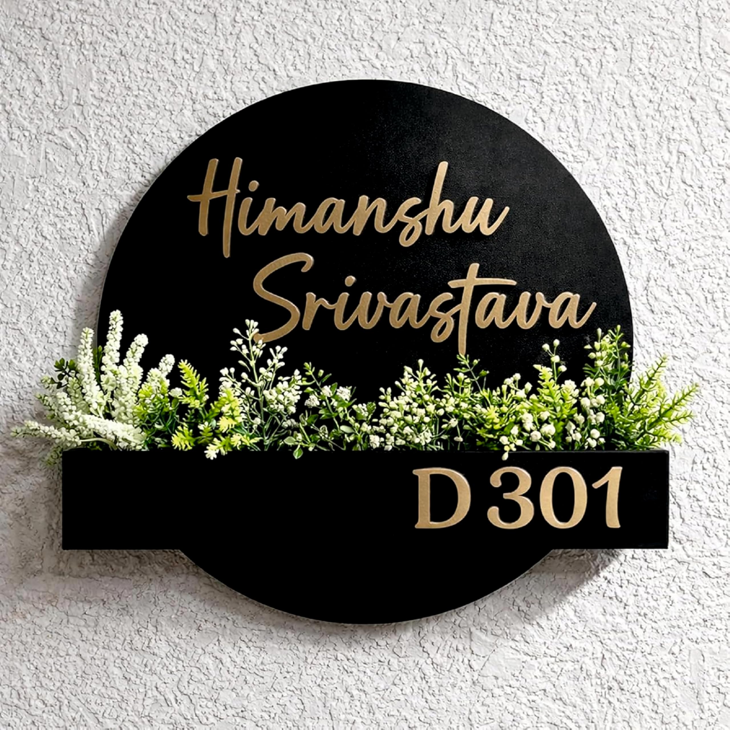 Nameplate for Home Entrance 30x30 cm Name Plate for Flat/Hotel Name Plate for Home Entrance Round Shape Gold 3D Emboss, Customisable Planter Nameplate, Round Black Wall Sign with House Name Plate 30x30 cm-image-11