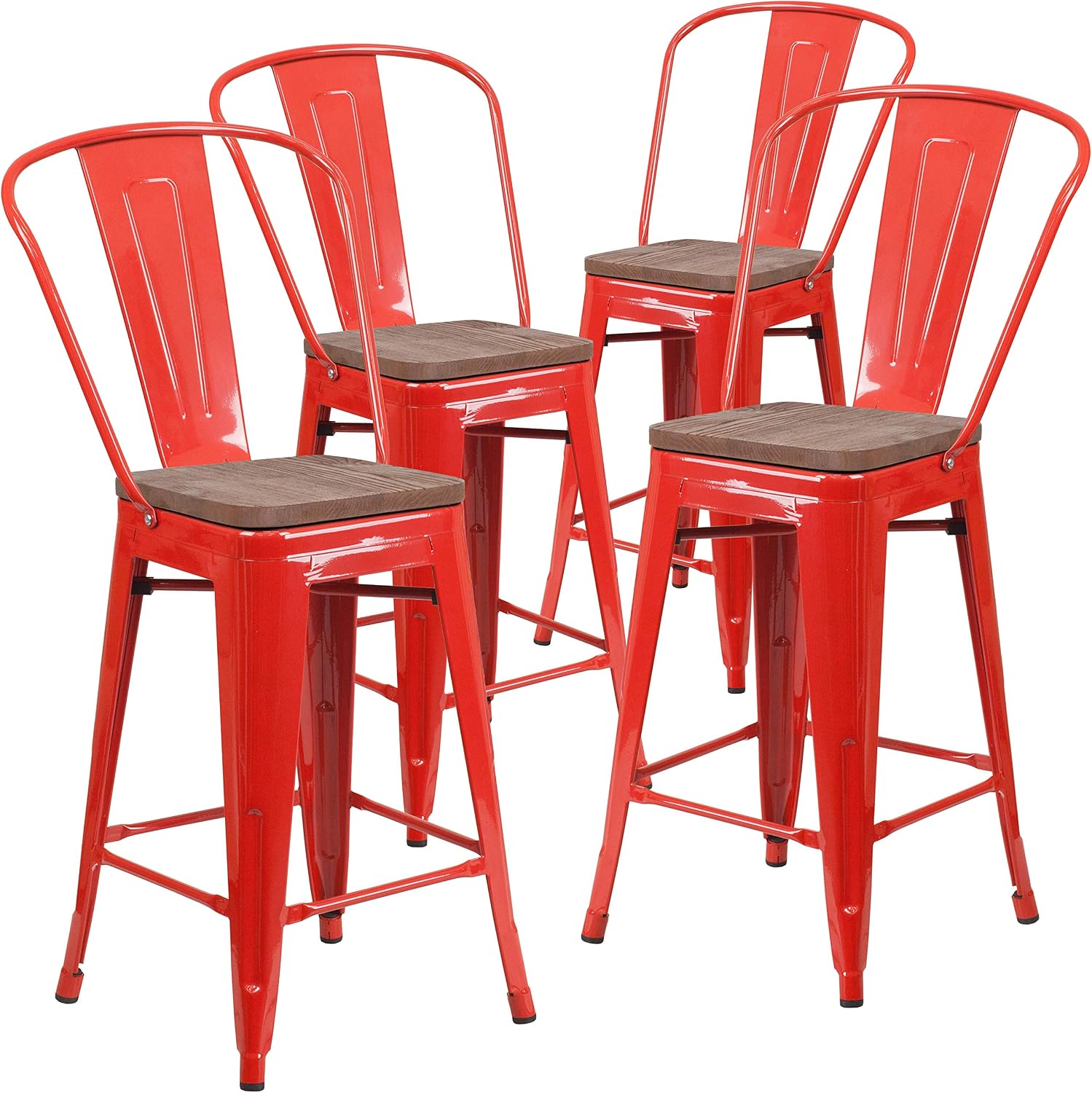 Taylor + Logan 24 Inch High Metal Counter Height Stool with Back and Wood Seat, Set of 4, Red