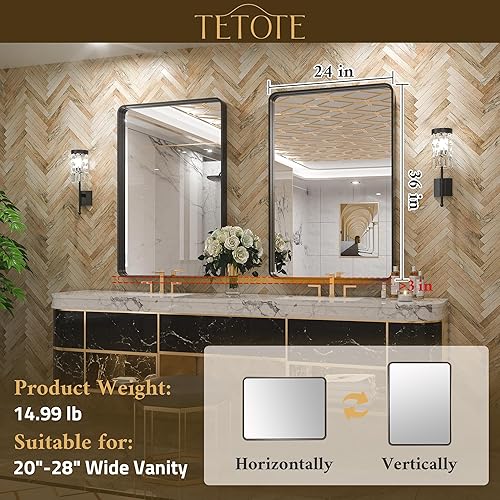 Miniatura 29 de TETOTE Espejo de 60 x 36 pulgadas para baño, espejo de tocador dorado de latón cepillado, espejo de pared grande rectangular con marco de metal Oro