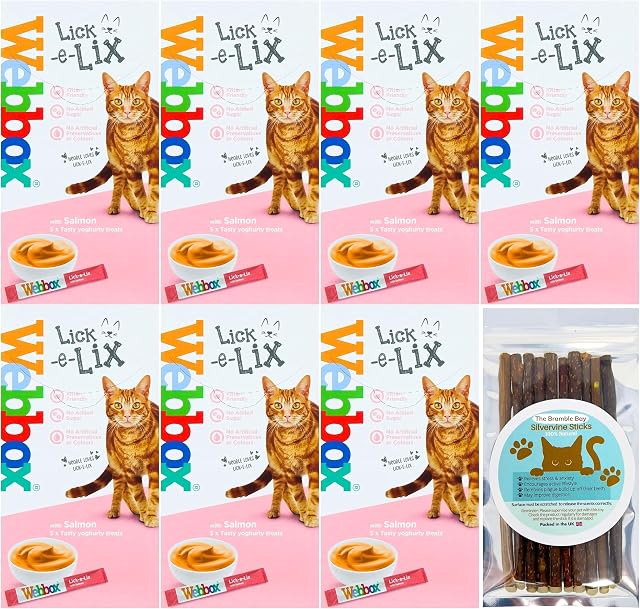 Cat Treats bundle contains Lick e Lix Salmon, Webbox Licky Lix Kitten Treats and Snacks Lick-e-Lix,Pack of 7 x 5's - Total 35 x 15g sachets and our Silvervine Chew Sticks