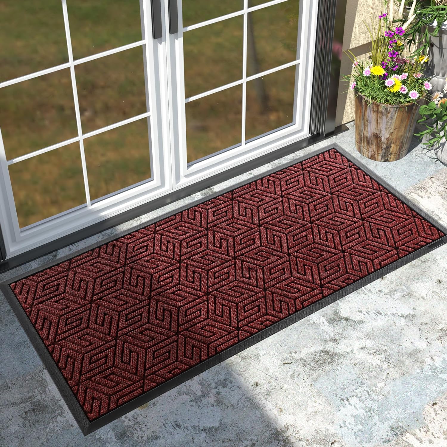 Yimobra Sturdy Front Door Mat, 47x24 Inch, Big Heavy Duty Welcome Outdoor Indoor Doormat Entrance Floor Matt, Non Slip Rubber Backing, Easy Clean Shoe Scraper, Waterproof, Patio, Lawn, Garage, Red Red 47x24 Inch