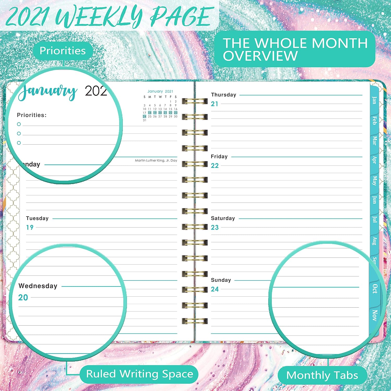 2021 Planner - 2021 Weekly & Monthly Planner with Hard Cover, 6.4'' x 8.5'', Jan 2021 - Dec 2021, Inner Pocket, Elastic Closure, 12 Monthly Tabs, Strong Twin-Wire Binding
