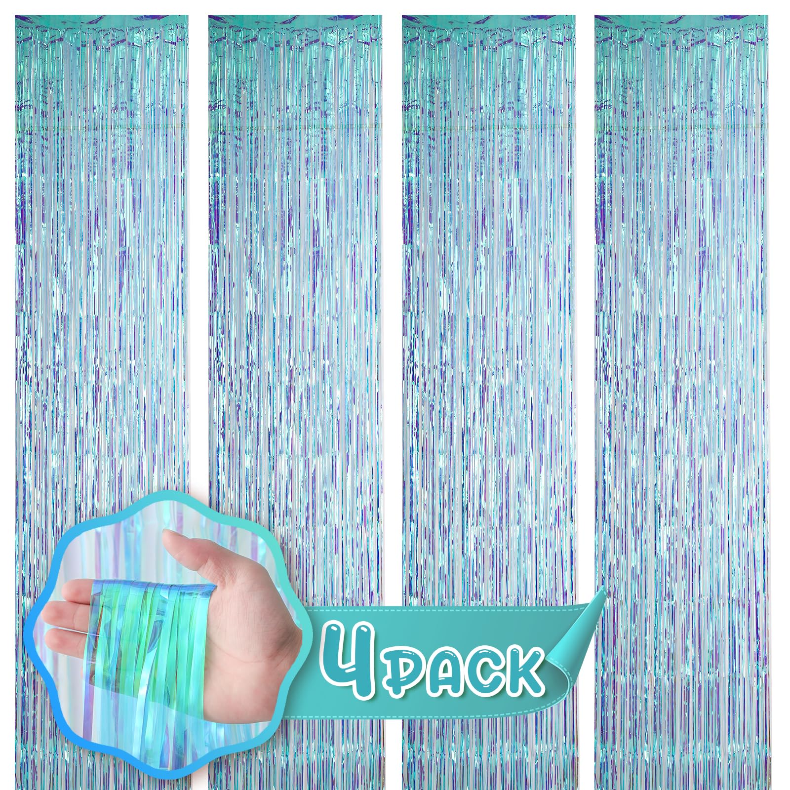 Voircoloria 4 Pack 3.3x8.2 Feet Neon Iridescent Foil Fringe Backdrop Curtains, Tinsel Streamers Birthday Party Decorations, Fringe Backdrop for Graduation, Baby Shower, Gender Reveal, Disco Party