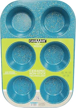 casaWare Toaster Oven 6 Cup Muffin Pan NonStick Ceramic Coated Blue Granite