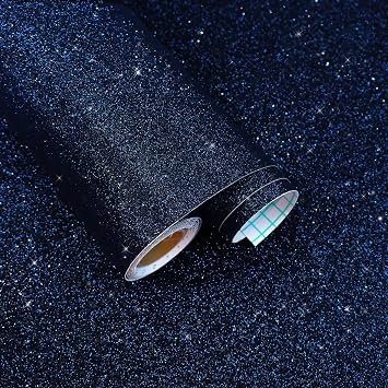 Sparkle Black Blue Glitter Wallpaper Peel and Stick 15.7"x118" Self Adhesive Removable Dark Blue Contact Paper for Cabinets Walls DIY Crafts Decorative Shiny Fabric Wallpaper for Bedroom