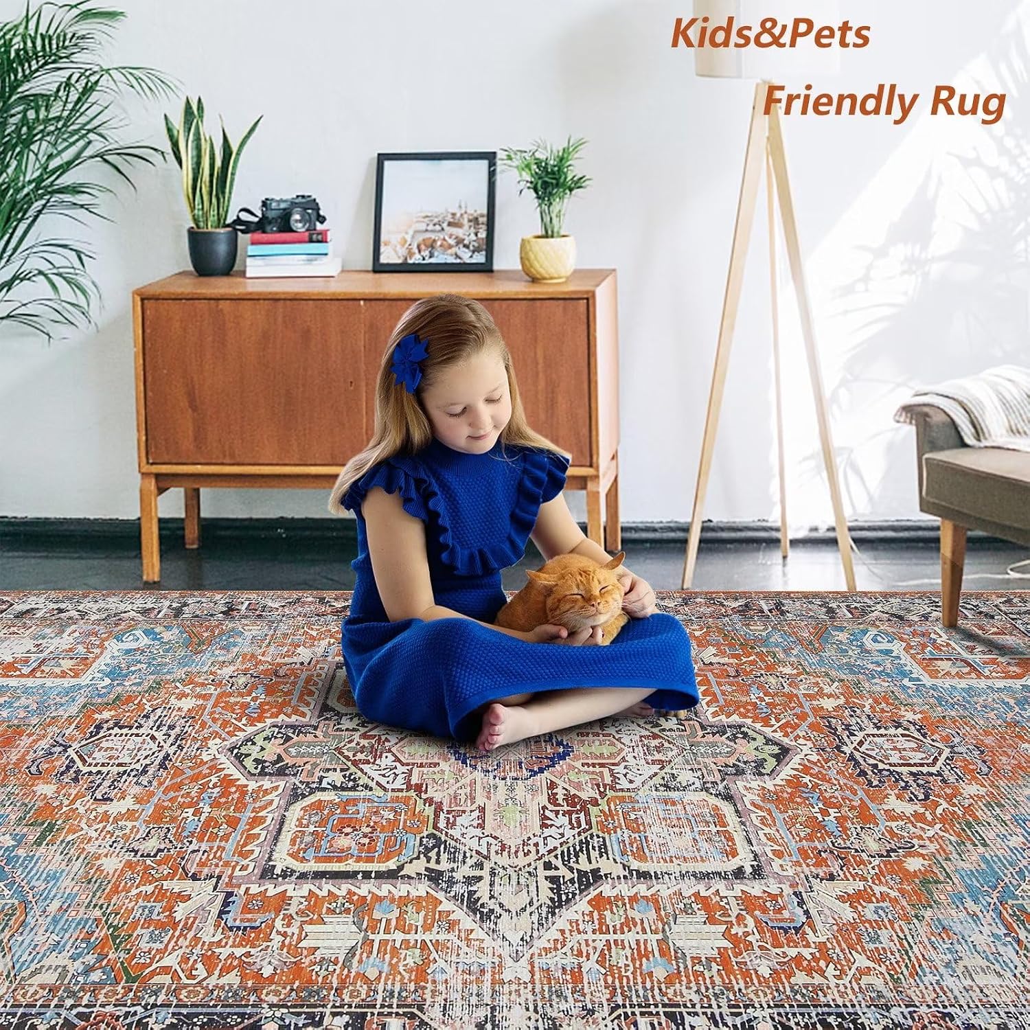 GARVEE 9x12 Area Rug for Living Room, Washable Persian Vintage Distressed Floral Print Floor Carpet Retro Accent Throw Traditional Non Slip Home Decor Rug for Bedroom, Dining Room, Office, Orange