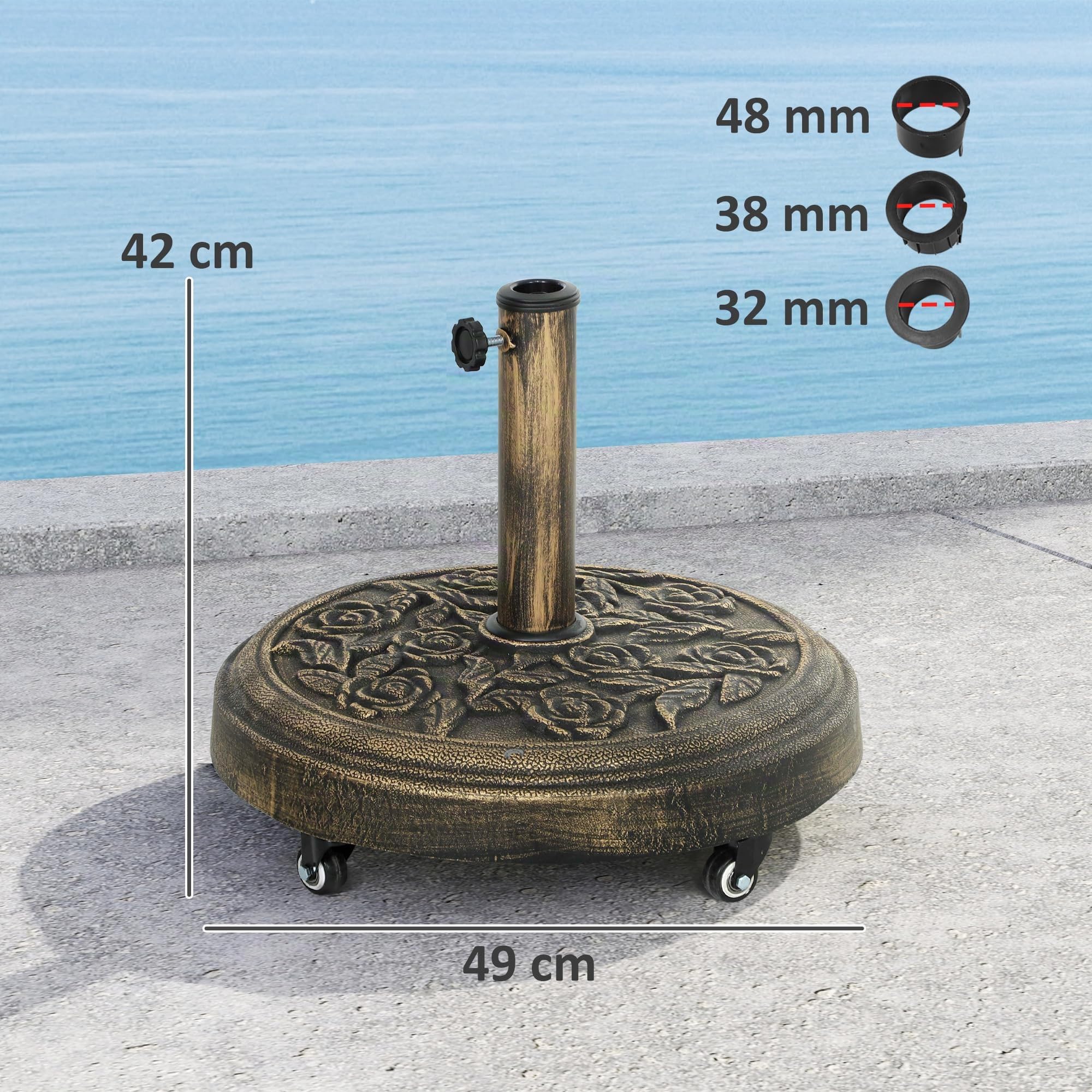 Outsunny Base per Ombrellone Rotonda da Esterno 21 kg con Ruote Bronzo | Basamento in Resina, Supporto per Ombrelloni da 32mm/38mm/48mm, per Giardino, Terrazza, Piscina