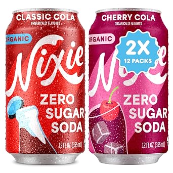 Nixie Organic Zero Sugar Soda, Classic Cola & Cherry Cola, 0 Sugar, 0 Calories, Healthy Soda Pop, Non-GMO, 12oz Cans 24 Pack