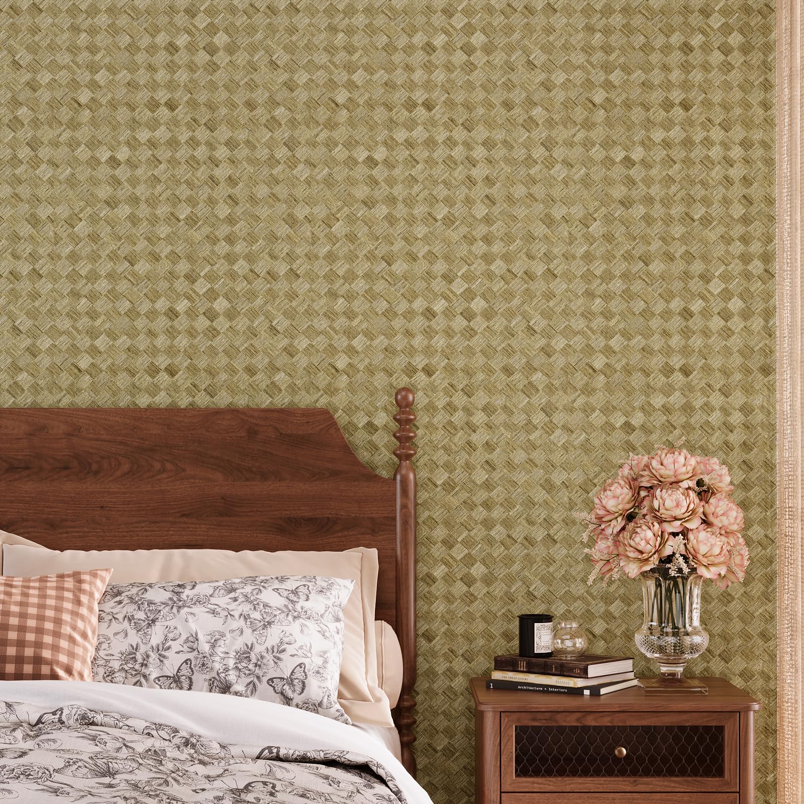 VaryPaper Tan Brown Faux Grasscloth Peel and Stick Wallpaper 40cmx200cm Faux Rattan Weave Look Contact Paper Sticky Back Plastic Textured Wallpaper for Living Room Bathroom Cupboard Vinyl Wrap Shleves - Image 2