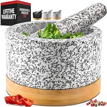 PriorityChef Heavy Duty Mortar and Pestle Set with Bamboo Base, 100% Natural Granite Stone Grinder, Guacamole Bowl and Masher, 1.5 Cups, White