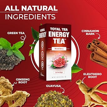 Total Tea Detox Guayusa Energy Tea - All Natural Herbal Caffeinated Tea Cleanse - Energy & Focus - Coffee Substitute - 25 Tea Bags for Men and Women