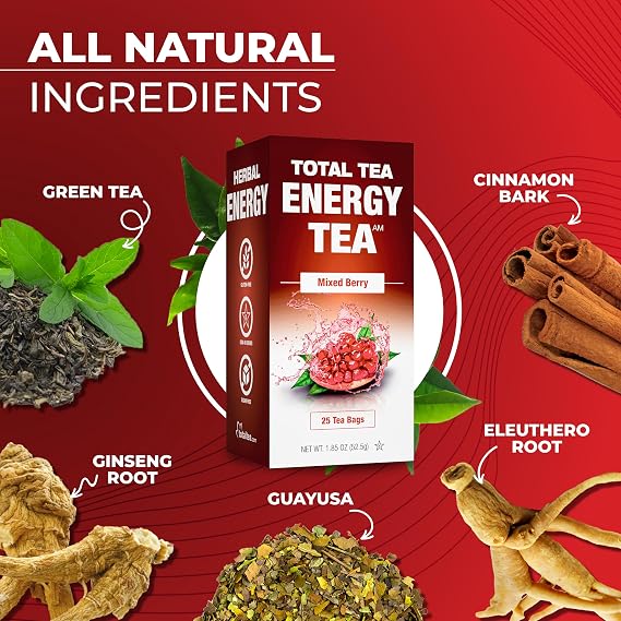 Total Tea Detox Guayusa Energy Tea - All Natural Herbal Caffeinated Tea Cleanse - Energy & Focus - Coffee Substitute - 25 Tea Bags for Men and Women