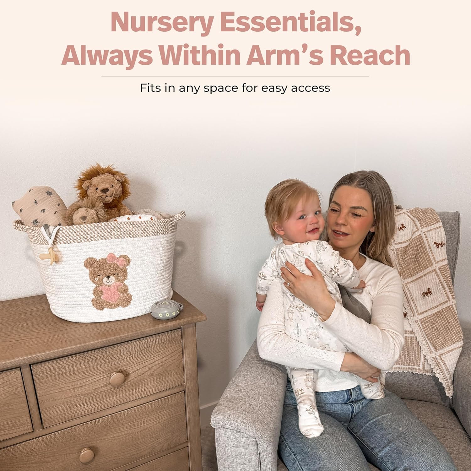 Pink Teddy Bear Storage Basket for Baby Girl Nursery – 15"x11" Cotton Rope Bin with Embroidered Bear Patch – Toy Organizer, Baby Laundry Hamper, Blanket & Diaper Holder – Foldable & Washable