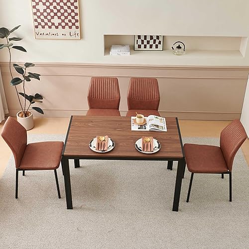 Miniatura 8 de Juego de 4 sillas de comedor de piel sintética marrón, cómodas sillas de cocina tapizadas sin brazos con patas de metal negro para sala de estar,
